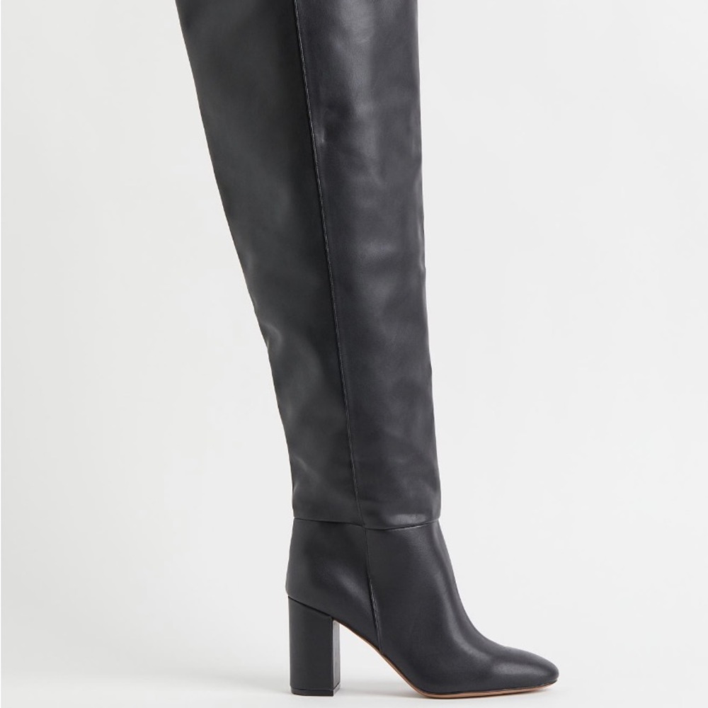 H&M Black Faux Leather Thigh high boot Chunky high heel